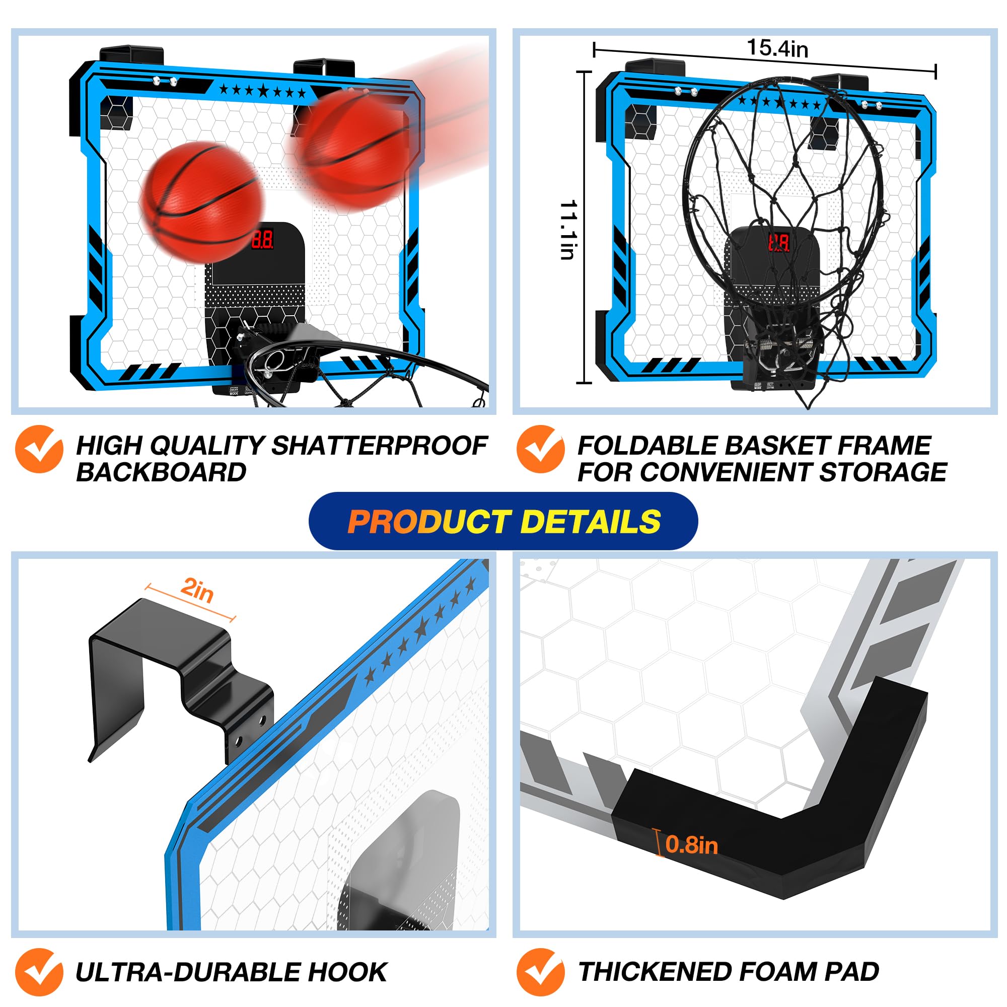 Ropoda shatter-proof backboard with foam padding reduces noise and protects walls.