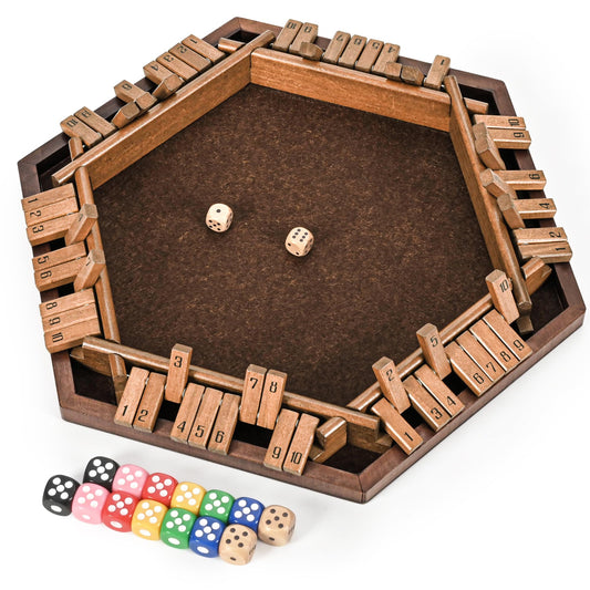 Ropoda Shut the Box 6-player set with wooden box and felt for quiet family play.
