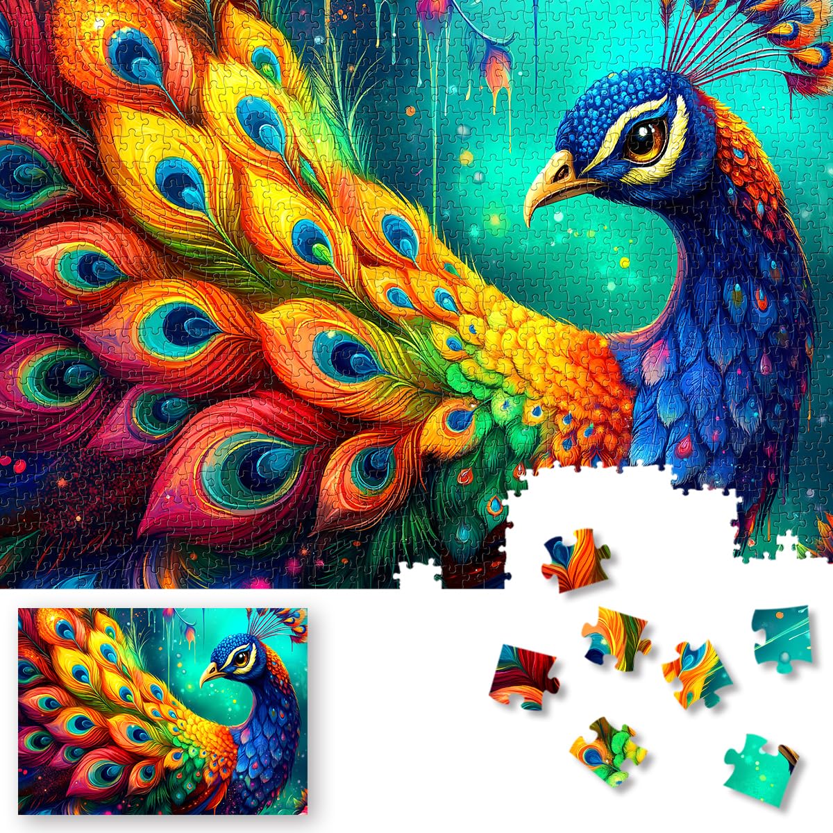 Rose Rain premium 1000-piece peacock puzzle showcases vibrant plumage detail