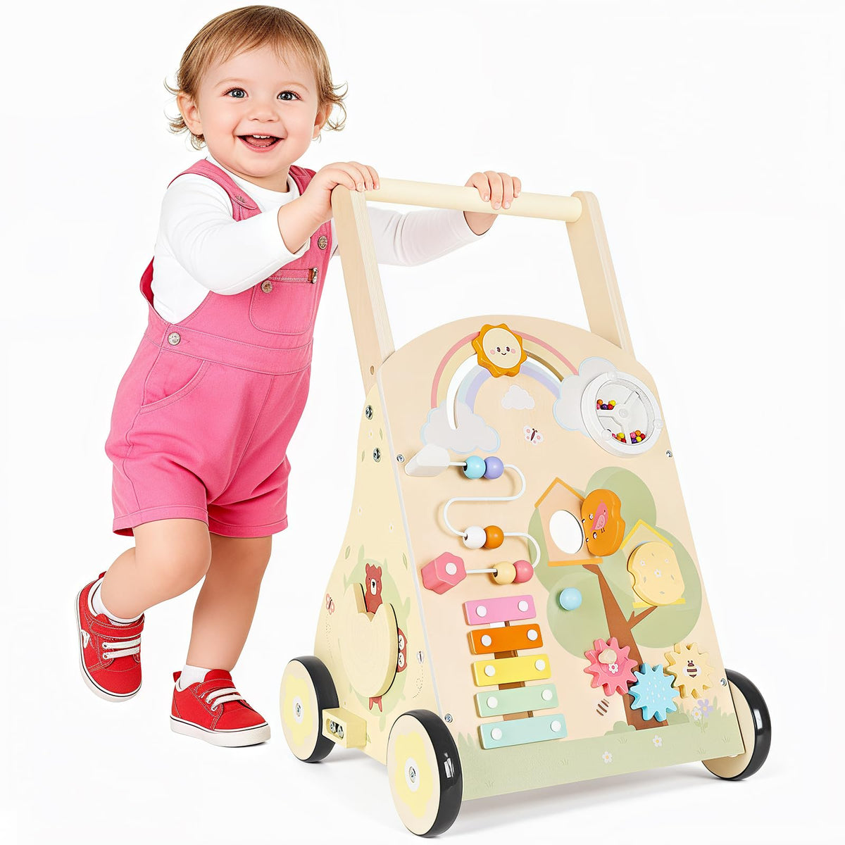 Rosynee wooden baby push walker front view highlights sturdy construction for early steps.