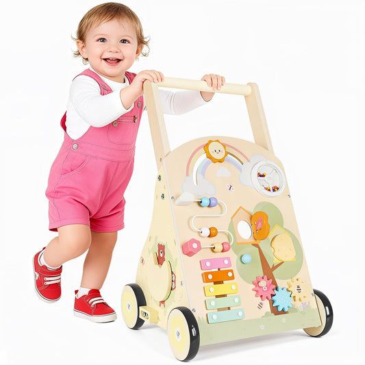 Rosynee wooden baby push walker front view highlights sturdy construction for early steps.