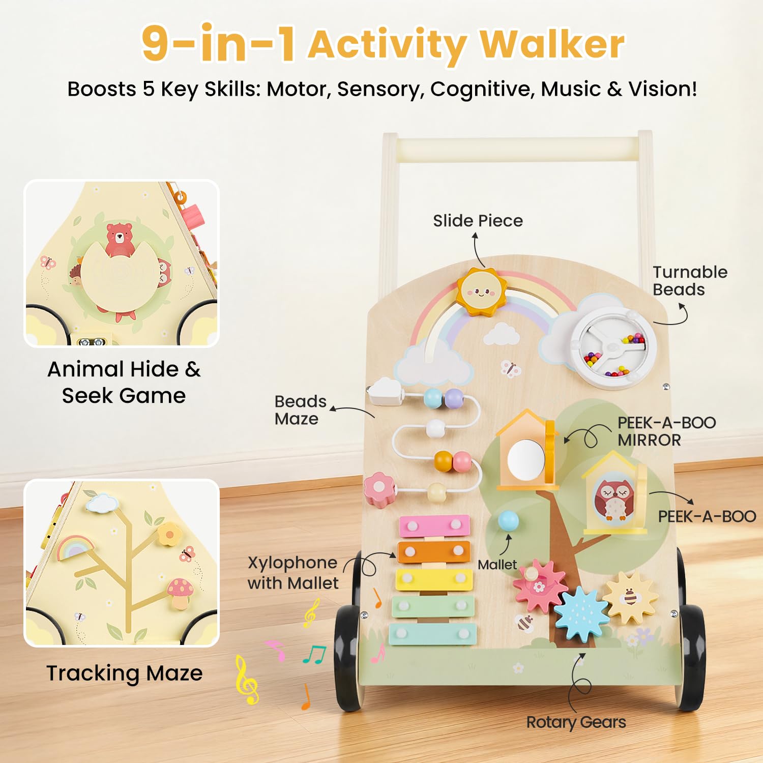 Rosynee push walker activity center showcases 9-in-1 learning stations.