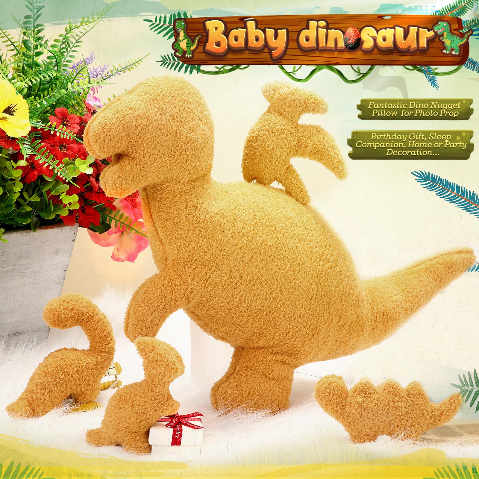 RoundFunny plush dinosaur uses soft fabric for gentle hugs and durable comfort