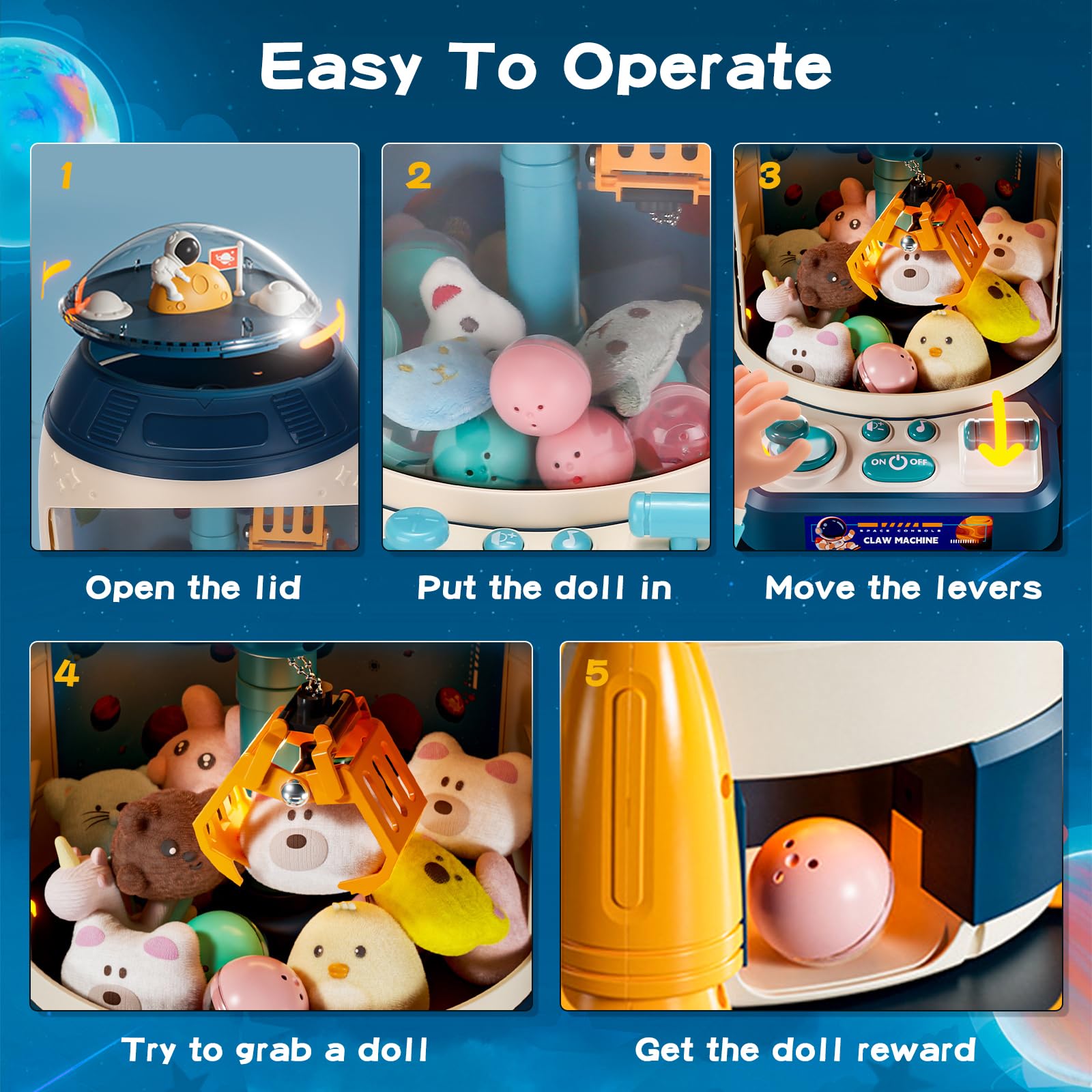 ROUSKY claw machine controls are simple for kids and adults to enjoy together.