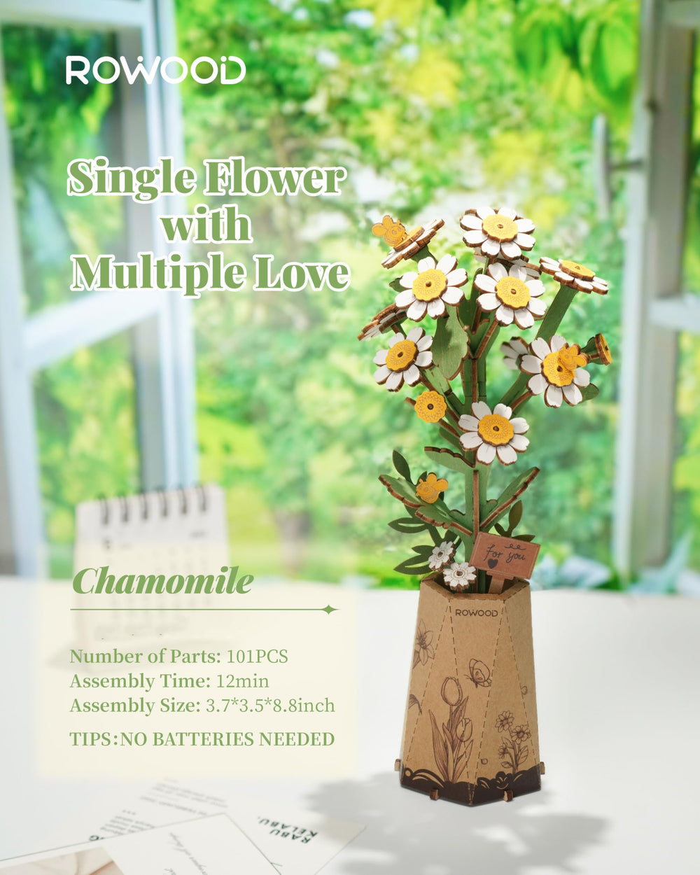 Rowood 3D puzzle flower with detailed petals creates a tactile crafting experience