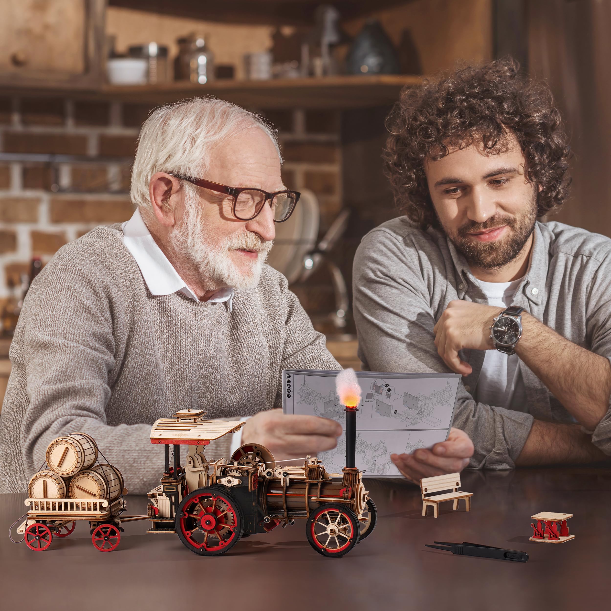 Rowood 3D puzzle locomotive close-up reveals fine wood grain and craftsmanship