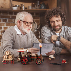Rowood 3D puzzle locomotive close-up reveals fine wood grain and craftsmanship