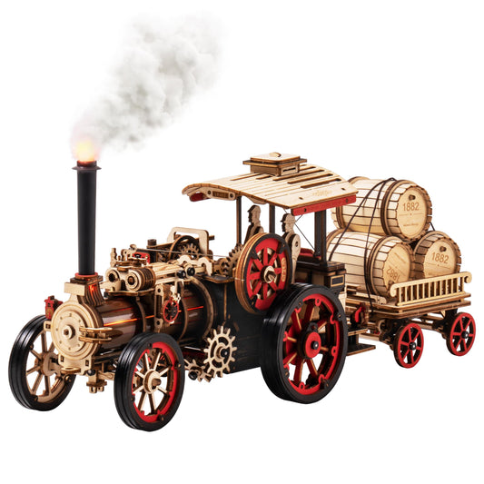 Rowood 3D puzzle steam locomotive front view highlights intricate wooden detailing for display