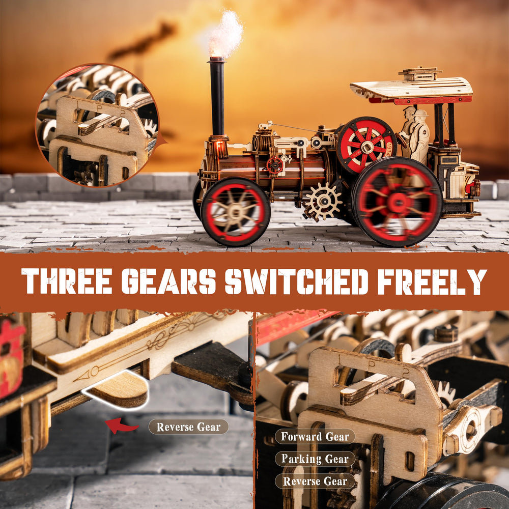 Rowood 3D puzzle steam locomotive gear detail shows moving mechanism concept