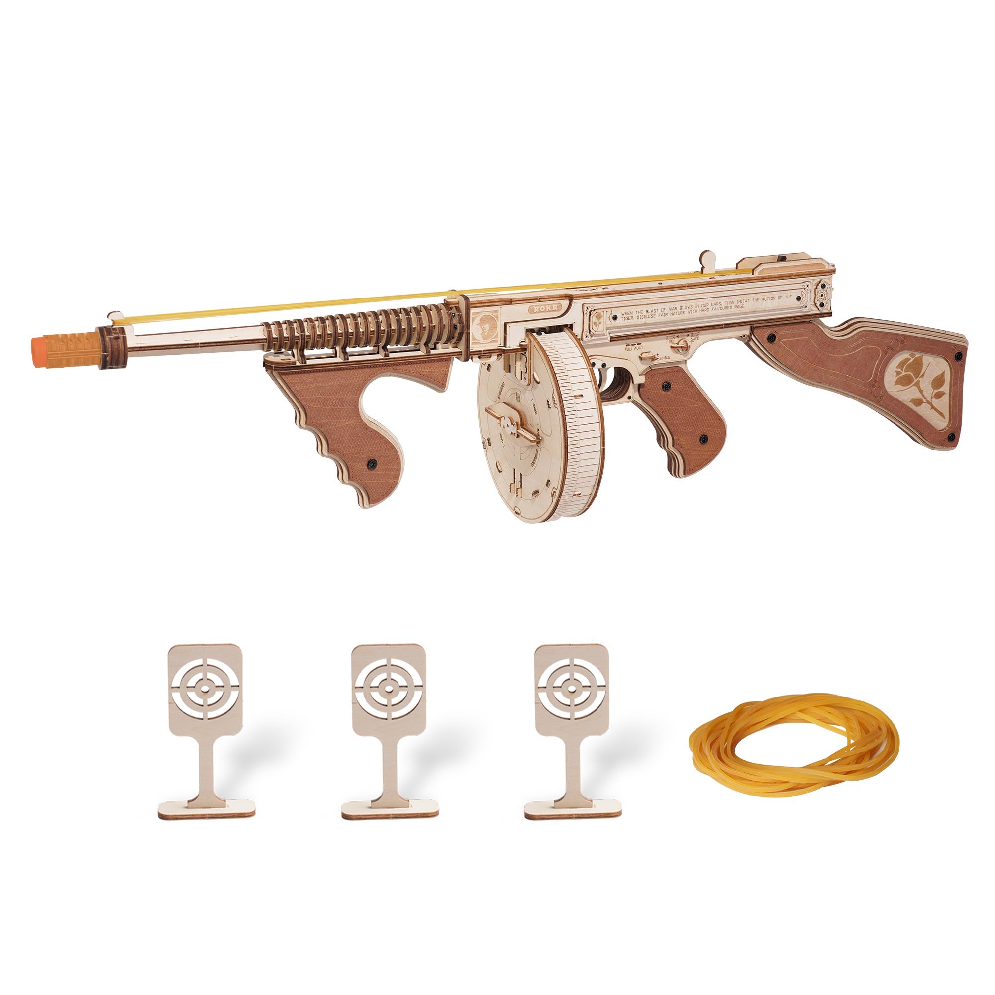 Rowood 3D puzzle Tommy gun wood model ready for display.
