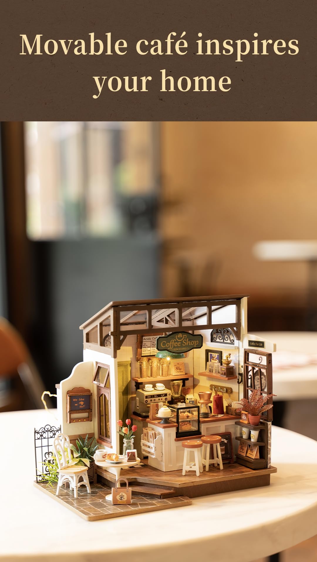 Rowood Coffee Miniature House Kit display-shelf ready decor piece for homes.