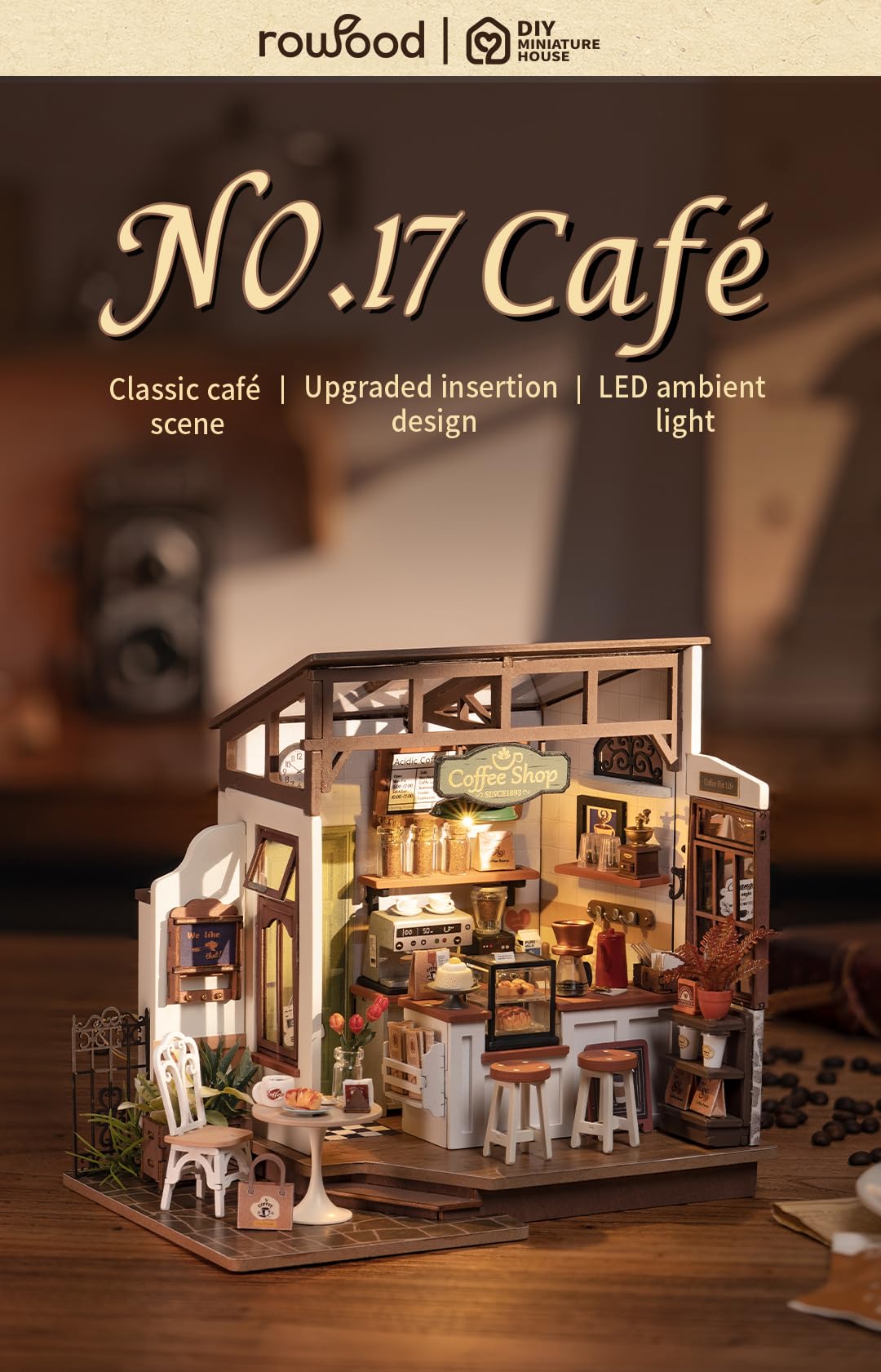 Rowood Coffee Miniature House Kit interior layout showcases open design for immersive storytelling.
