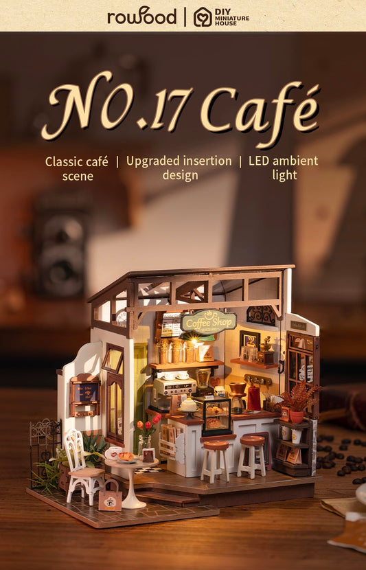 Rowood Coffee Miniature House Kit interior layout showcases open design for immersive storytelling.
