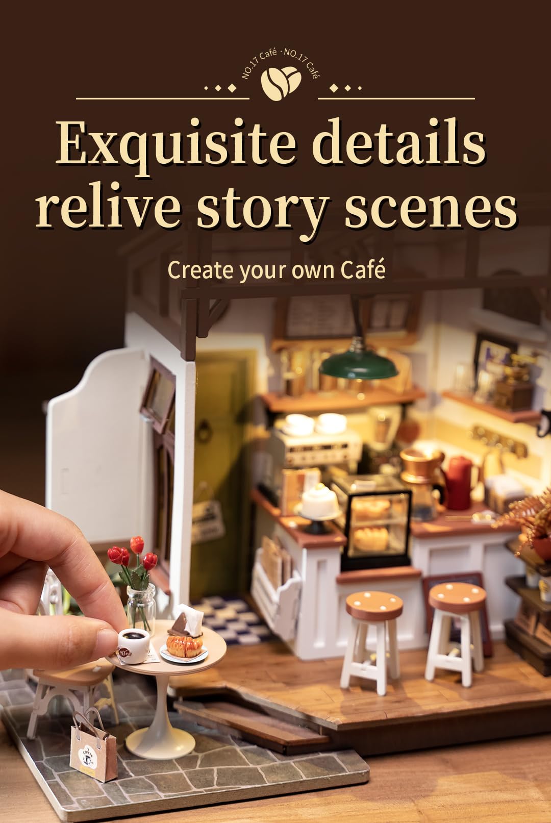 Rowood Coffee Miniature House Kit LED light enhances cozy cafe ambiance.