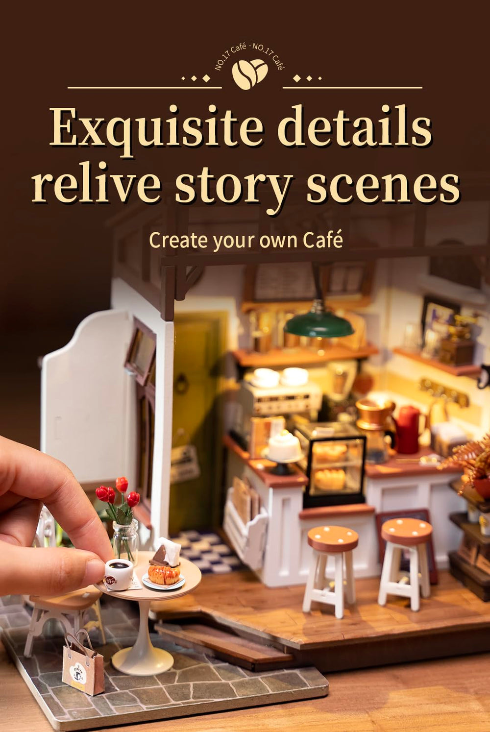 Rowood Coffee Miniature House Kit LED light enhances cozy cafe ambiance.