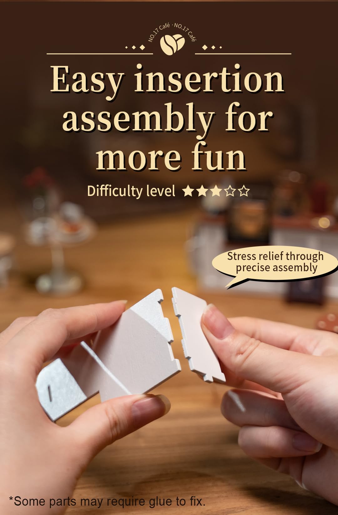 Rowood Coffee Miniature House Kit slot assembly makes building approachable for adults.