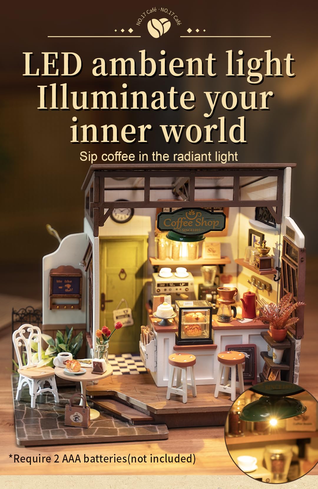 Rowood Coffee Miniature House Kit wood textures highlight natural charm.