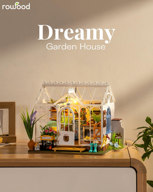 Rowood DIY Miniature House Kit side view highlights greenery and outdoor charm
