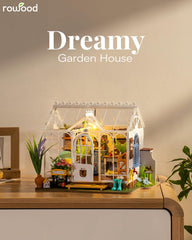 Rowood DIY Miniature House Kit side view highlights greenery and outdoor charm