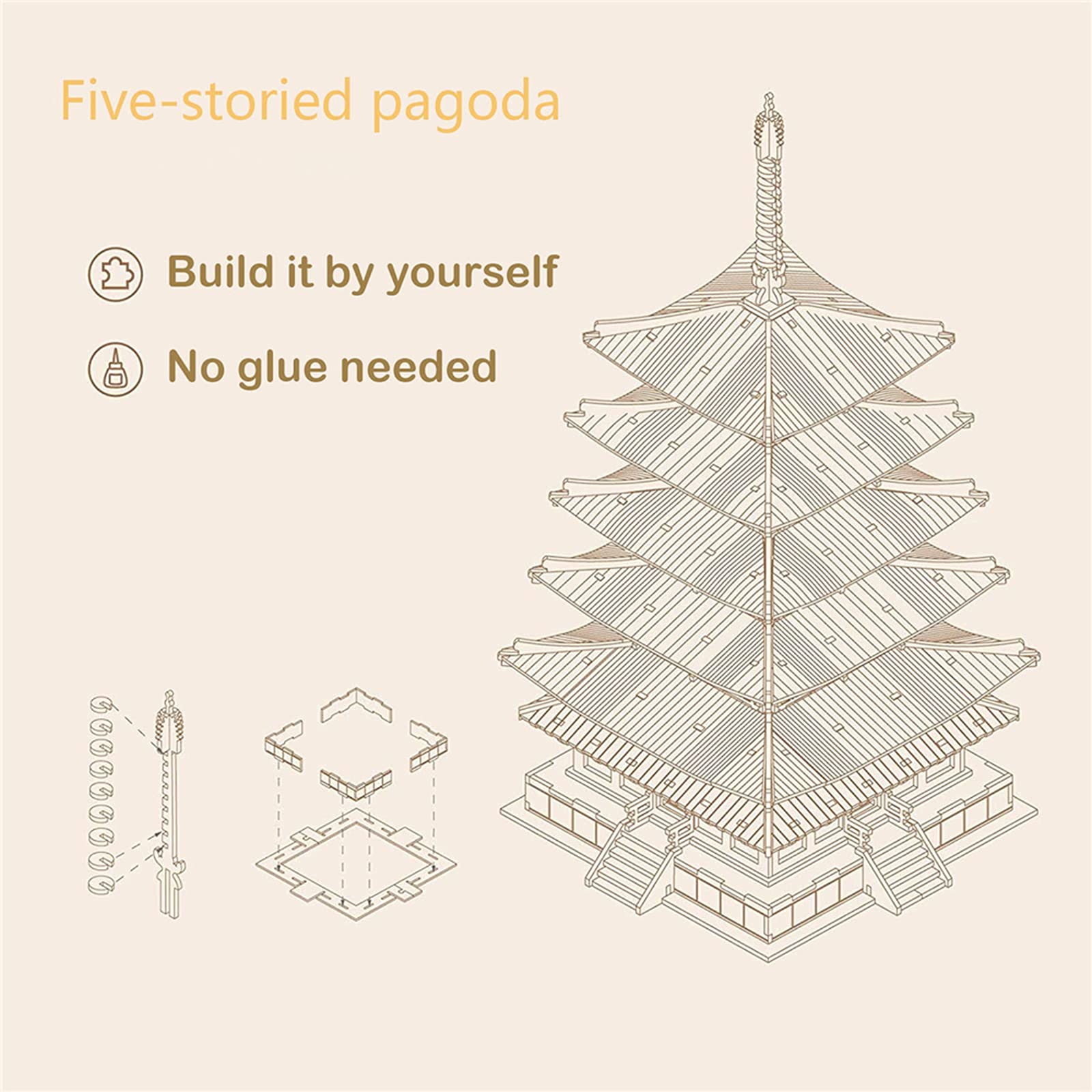 Rowood Pagoda 275pcs parts laid out for precise assembly