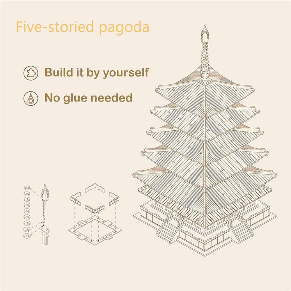 Rowood Pagoda 275pcs parts laid out for precise assembly