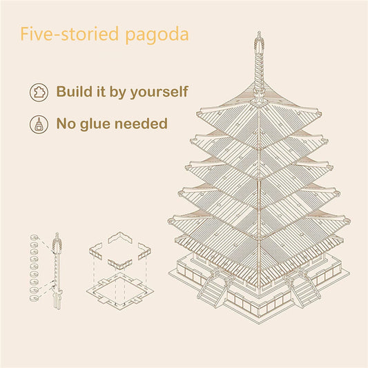 Rowood Pagoda 275pcs parts laid out for precise assembly