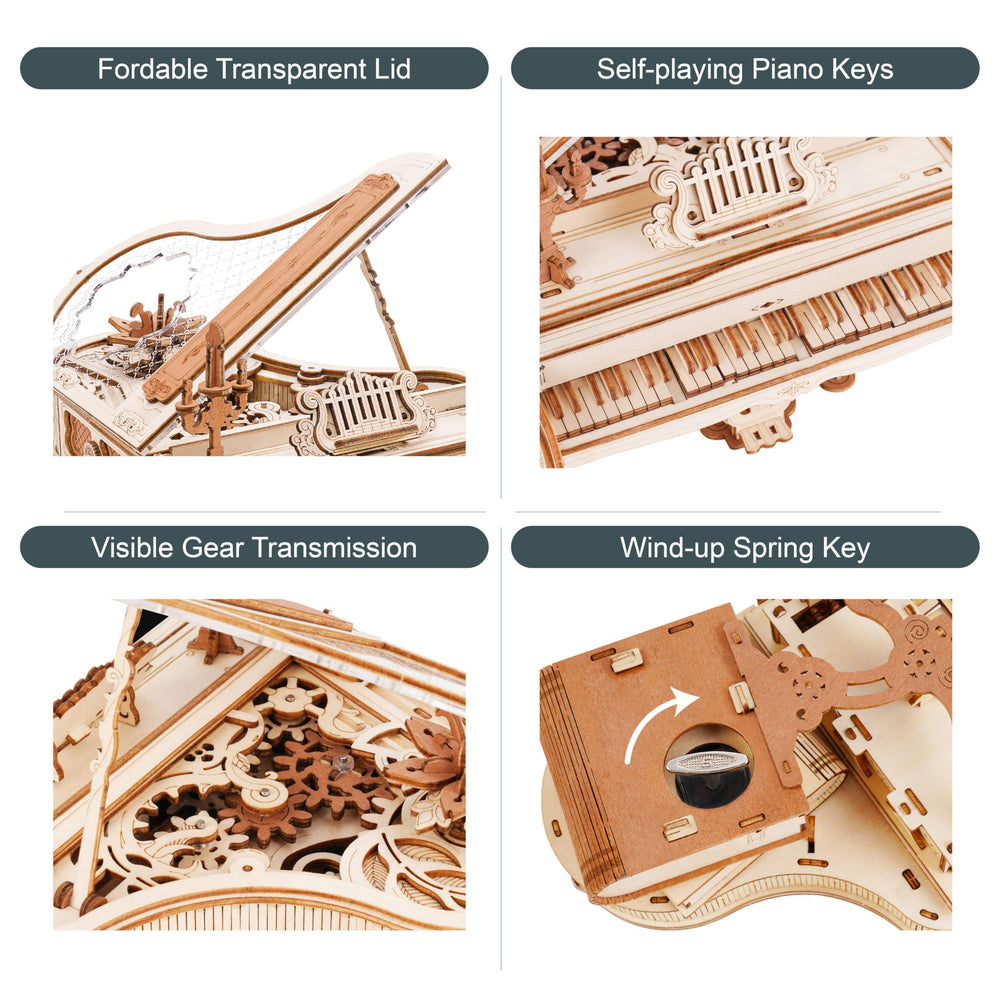 Rowood mechanical gear piano demonstrates multi-stage transmission and wind-up music.