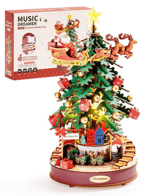 Rowood Melody Tree music box with Santa sleigh for festive ambiance.