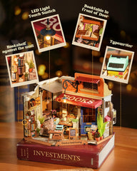 Rowood Miniature Kit detailed wooden elements evoke retro-chic bookstore atmosphere.