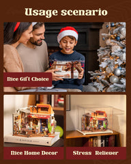 Rowood Miniature House Kit LED warm ambient lighting enhances ambience.