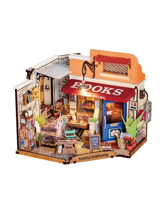 Rowood Miniature House Kit open bookstore design with LED, perfect for immersive craft sessions.