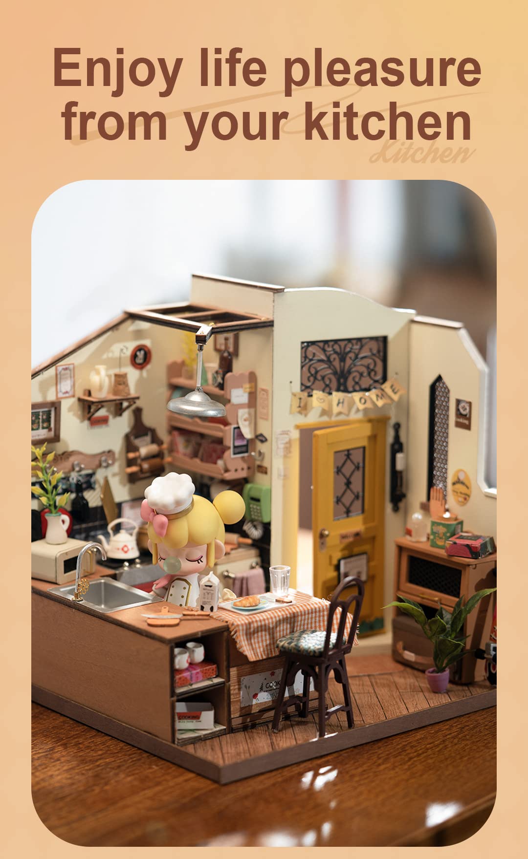 Rowood miniature kitchen scene display showing warm lighting