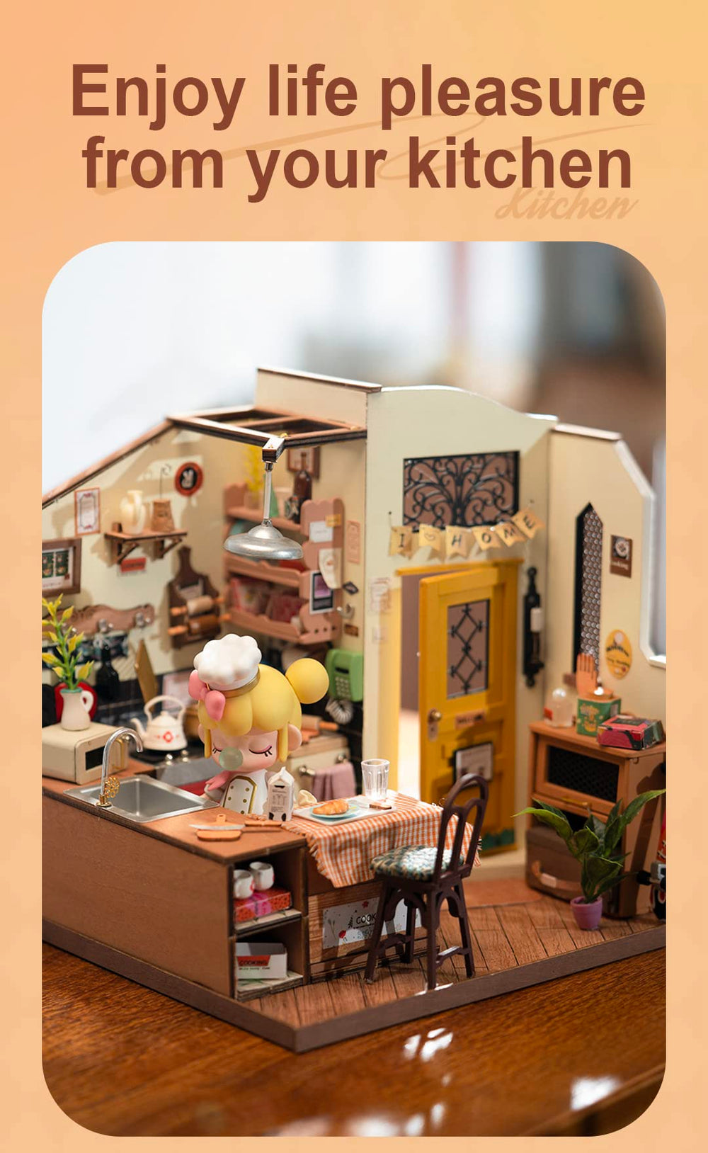 Rowood miniature kitchen scene display showing warm lighting