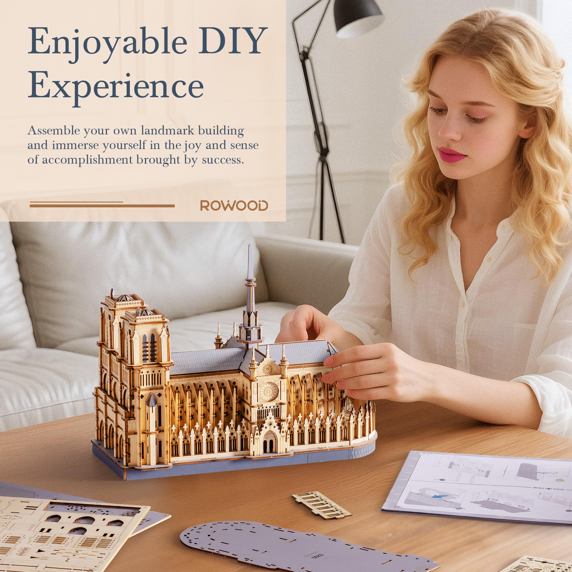 Rowood Notre-Dame Cathedral 3D puzzle interlocking system enables easy assembly