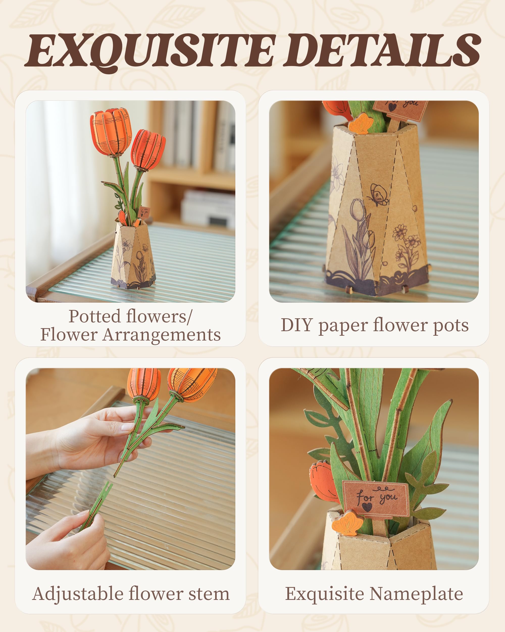 Rowood Orange Tulip wooden flower in-progress reveals detailed handcrafting.
