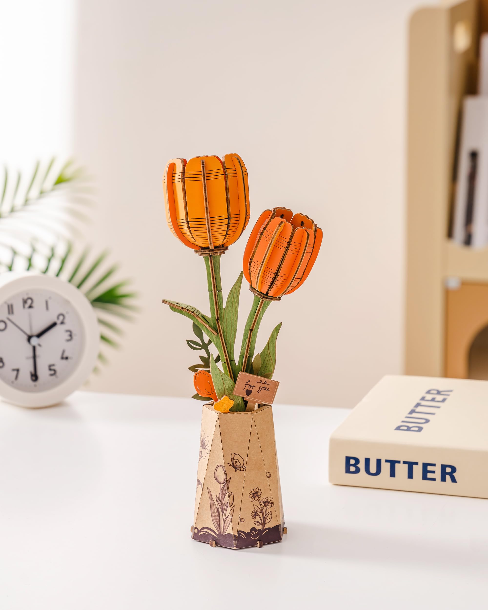 Rowood Orange Tulip wooden flower kit contents ready for assembly.