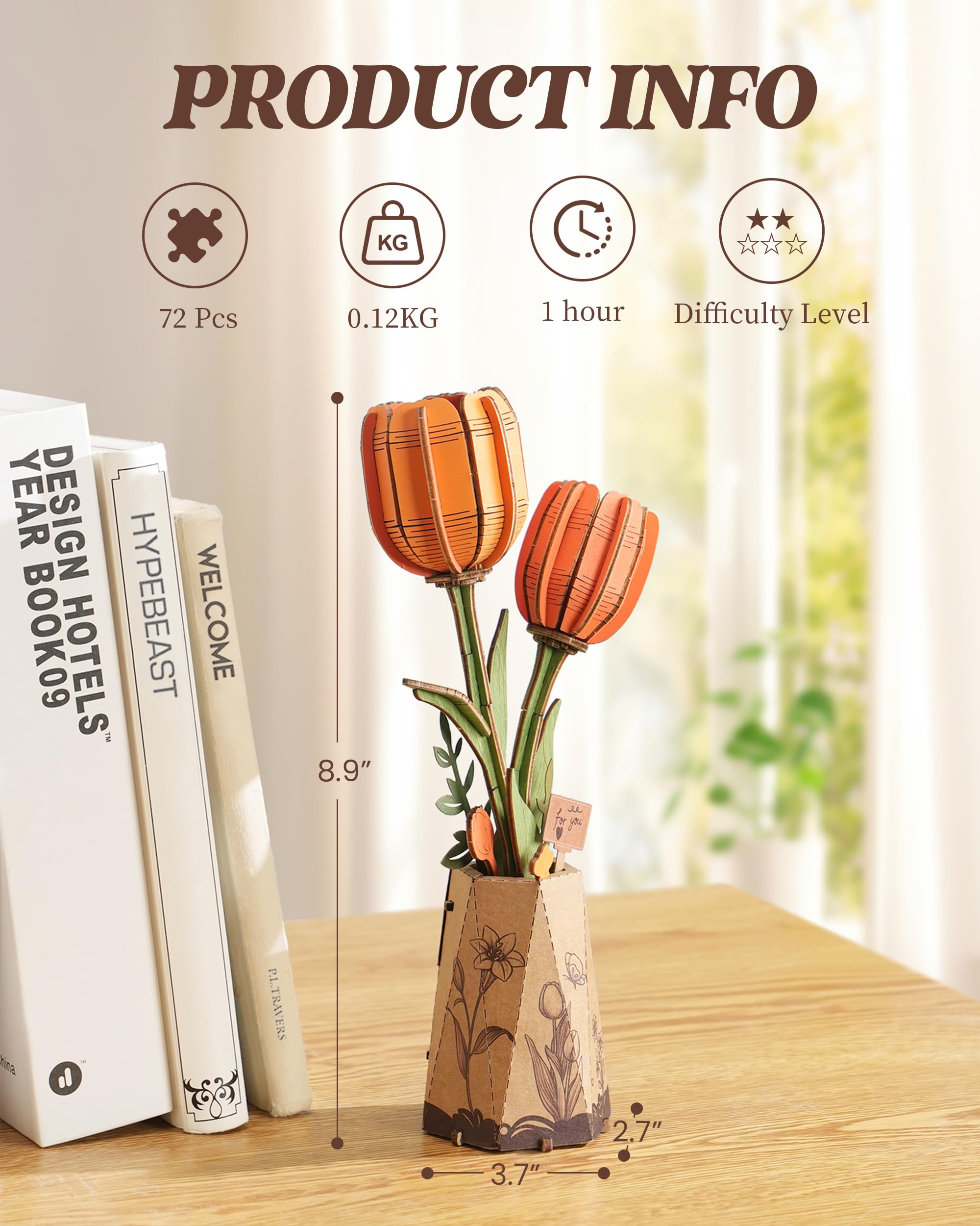 Rowood Orange Tulip wooden flower in a vase shows customizable height.