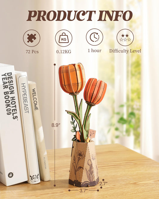 Rowood Orange Tulip wooden flower in a vase shows customizable height.
