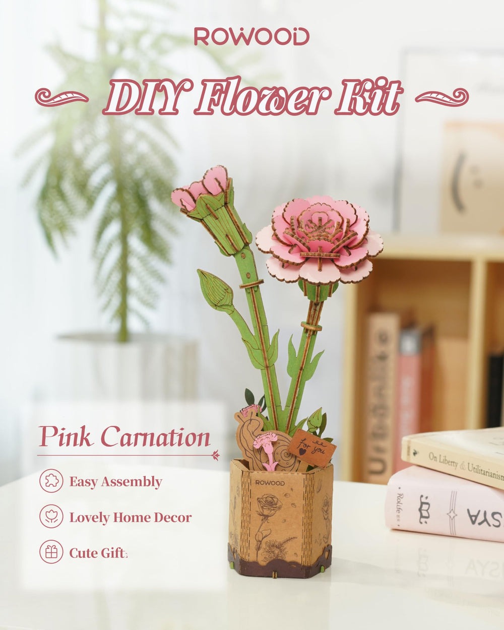 Close-up of Rowood pink carnation assembly parts for hands-on crafting