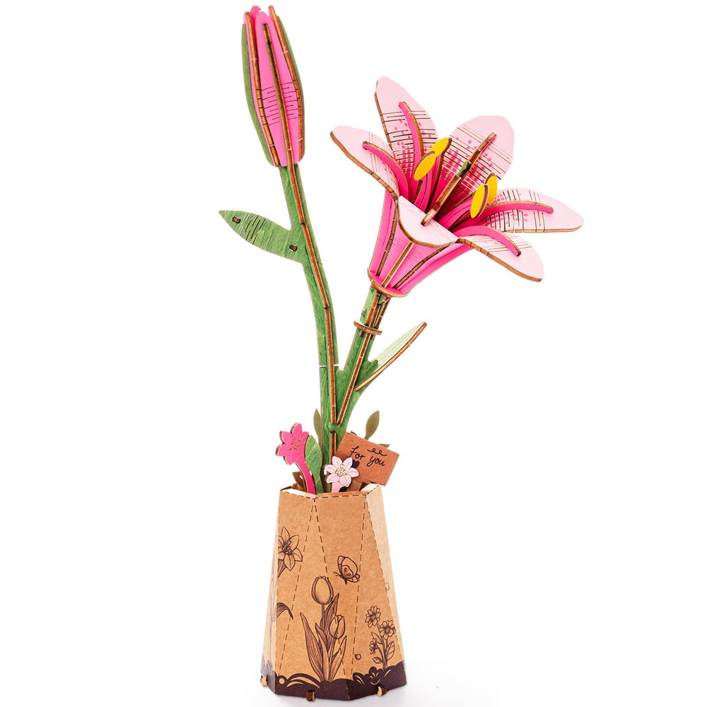 Rowood Pink Lily kit assembly: crafting a wooden bloom for a lasting keepsake bouquet