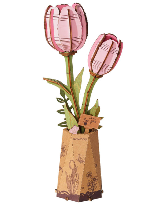 Rowood pink tulip wooden flower puzzle, ideal for mindful crafting and decorative display.
