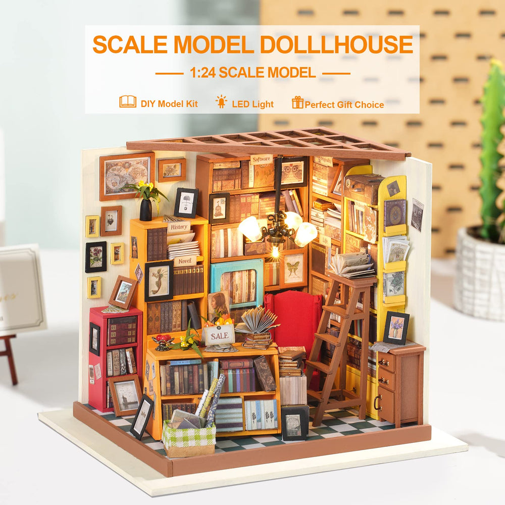 Rowood Sams Study dollhouse with illustrated, colored instructions for easy assembly.