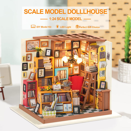 Rowood Sams Study dollhouse with illustrated, colored instructions for easy assembly.
