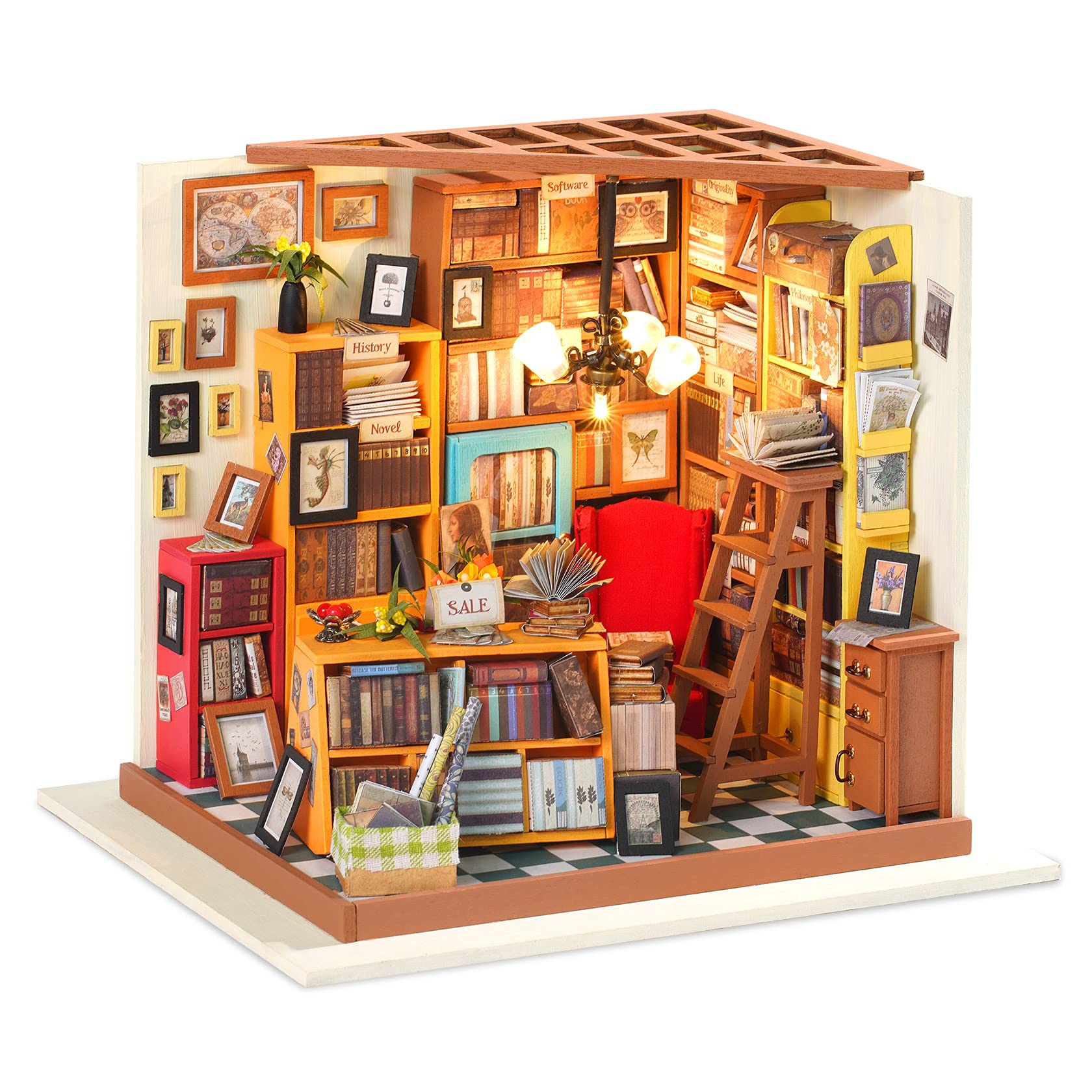 Rowood Sams Study dollhouse front view highlights intricate exterior for shelf display.