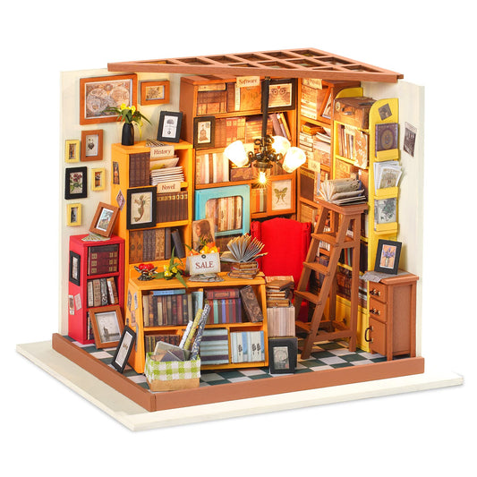 Rowood Sams Study dollhouse front view highlights intricate exterior for shelf display.