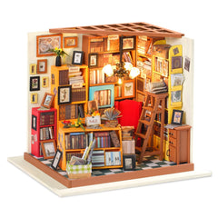 Rowood Sams Study dollhouse front view highlights intricate exterior for shelf display.