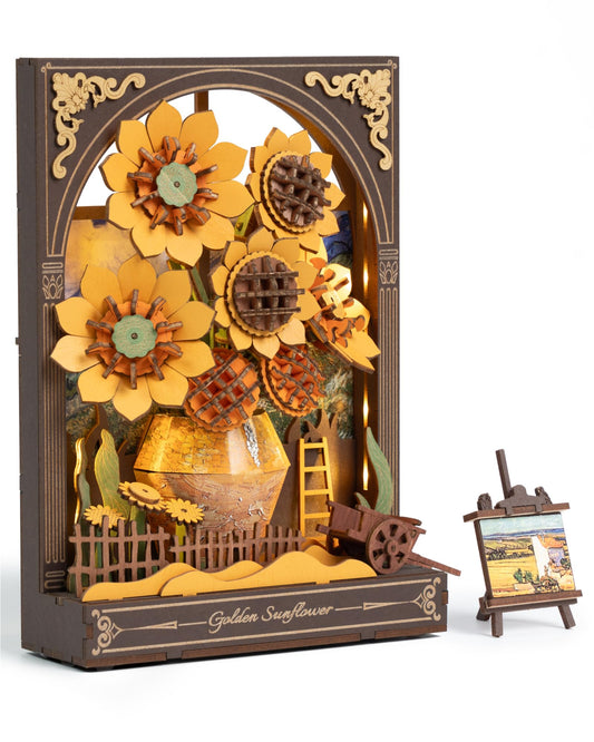 Rowood Sunflower 3D Puzzle with LED creates ambient decor for living rooms.