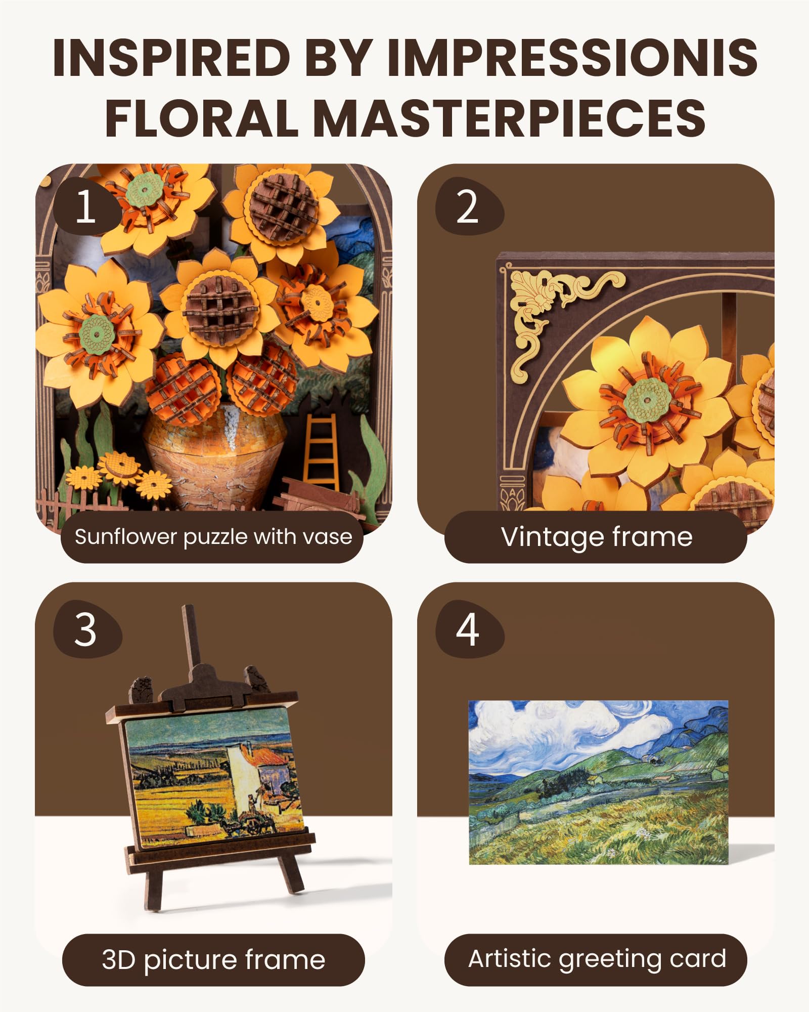 Rowood Sunflower wooden texture emphasizes warm, natural grain on display shelves.