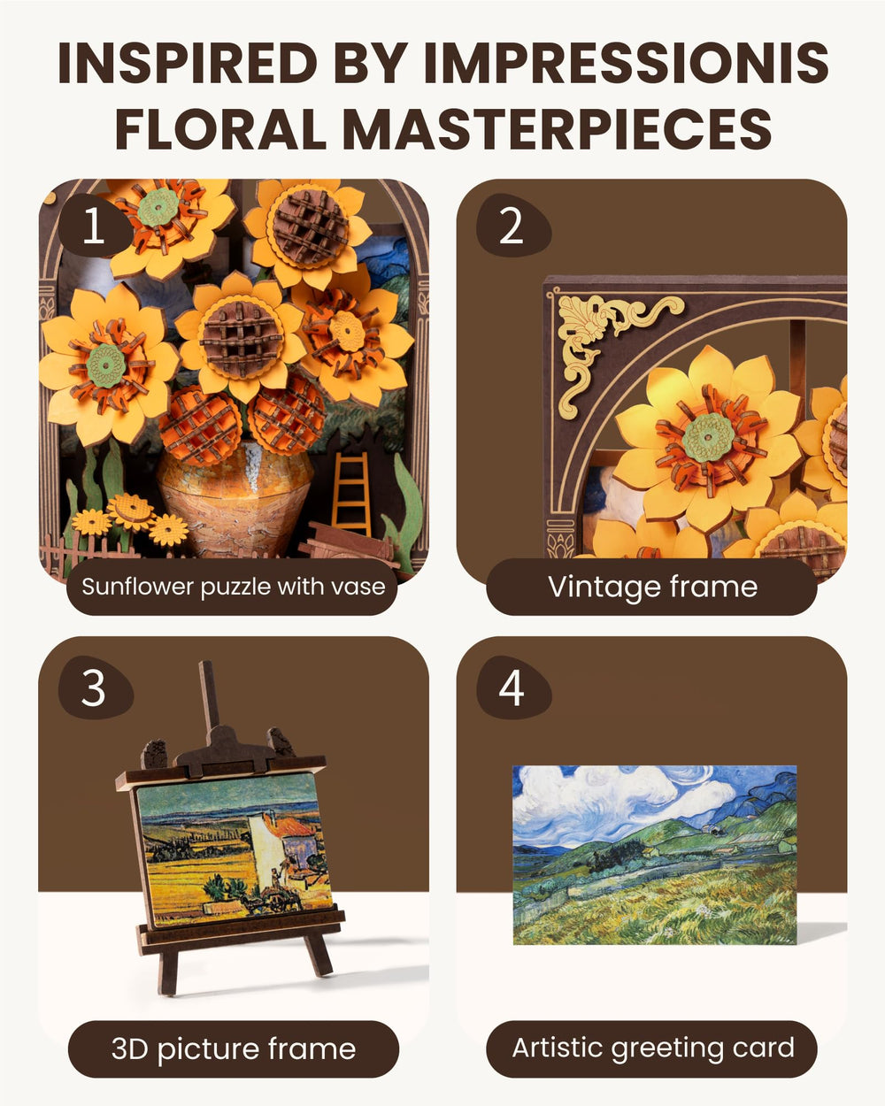 Rowood Sunflower wooden texture emphasizes warm, natural grain on display shelves.