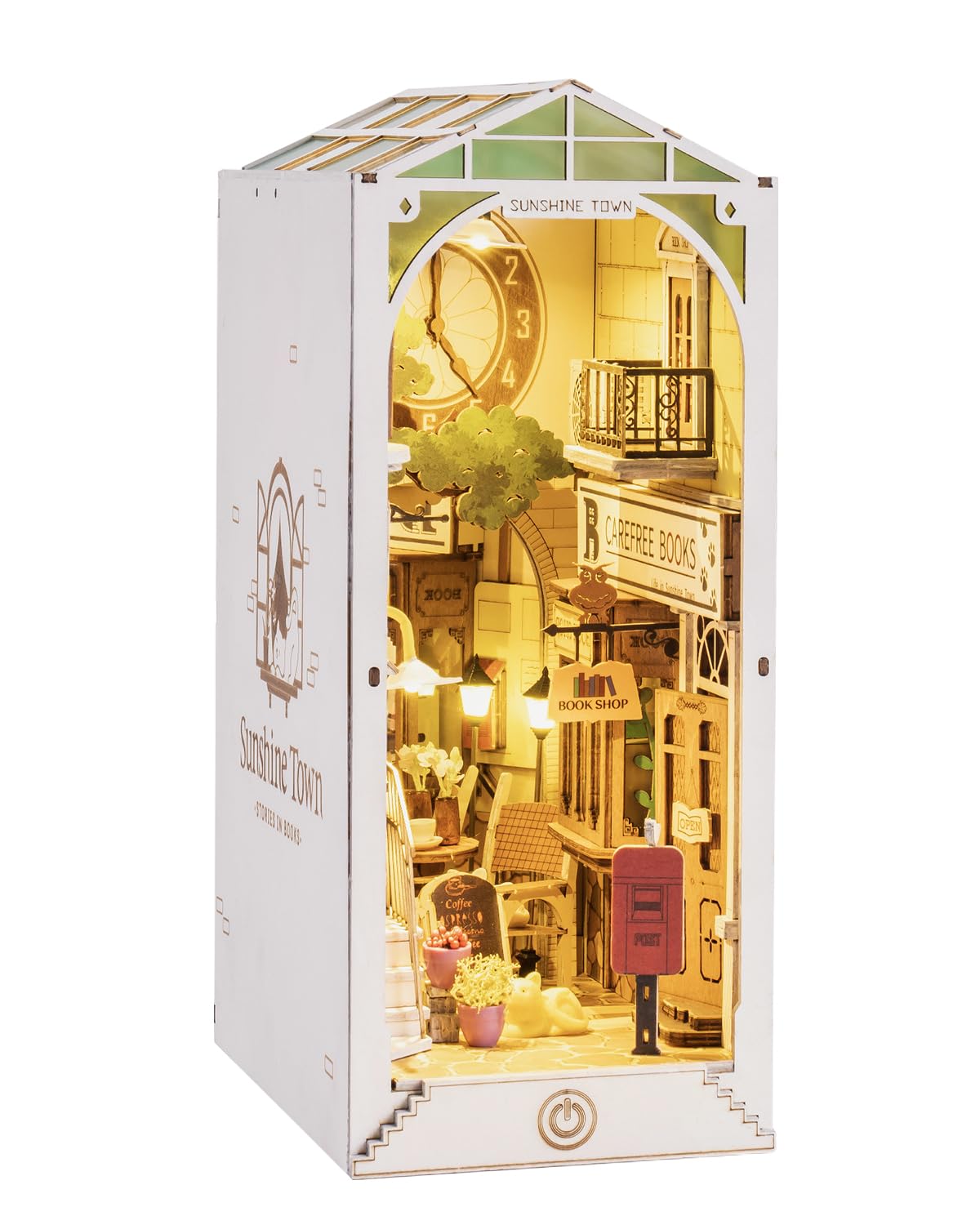 Rowood Sunshine Town book nook assembly on shelf showing dusk town scene
